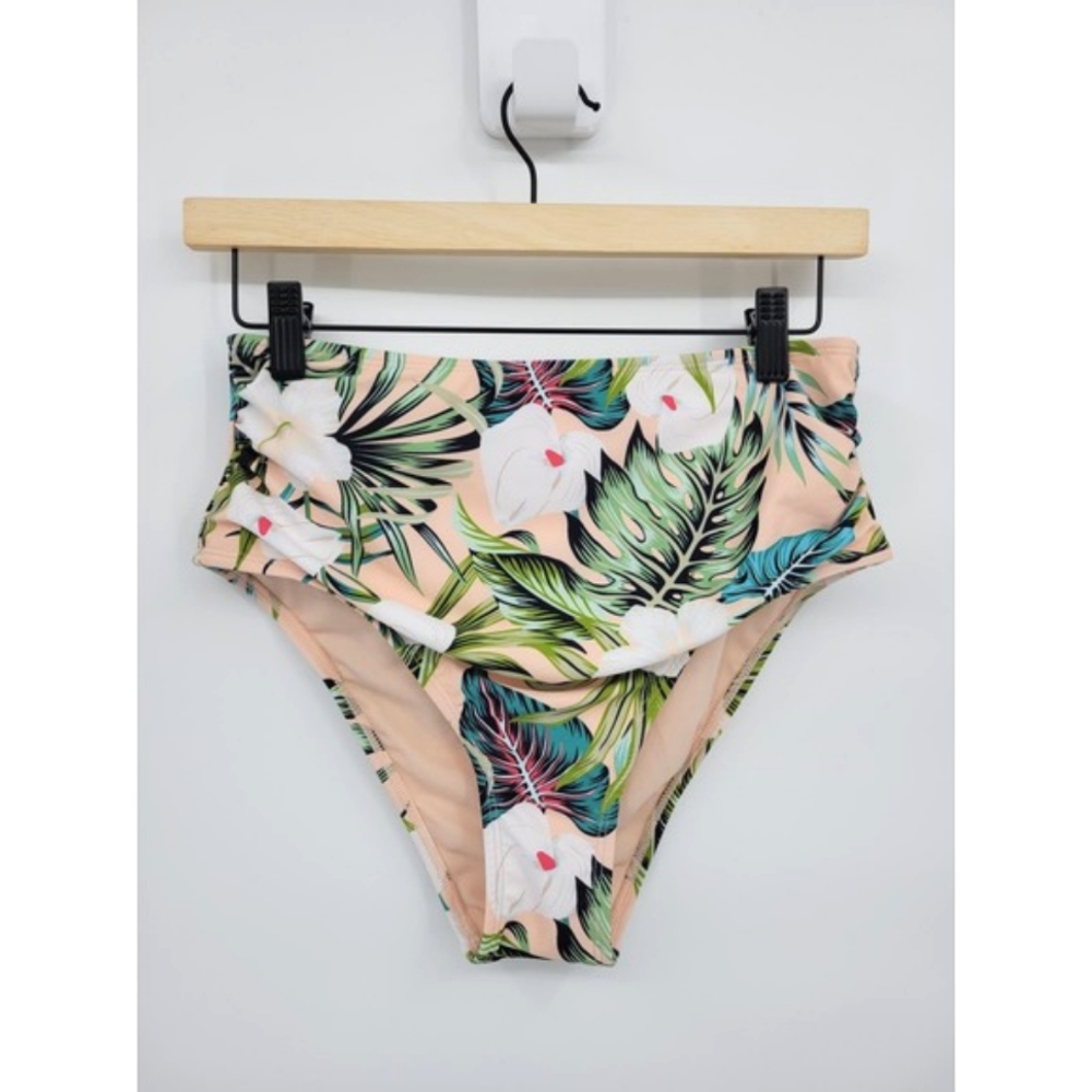 NWOT Cupshe Medium Bikini Bottom Pink Green Tropical Hipster High Rise Swim
